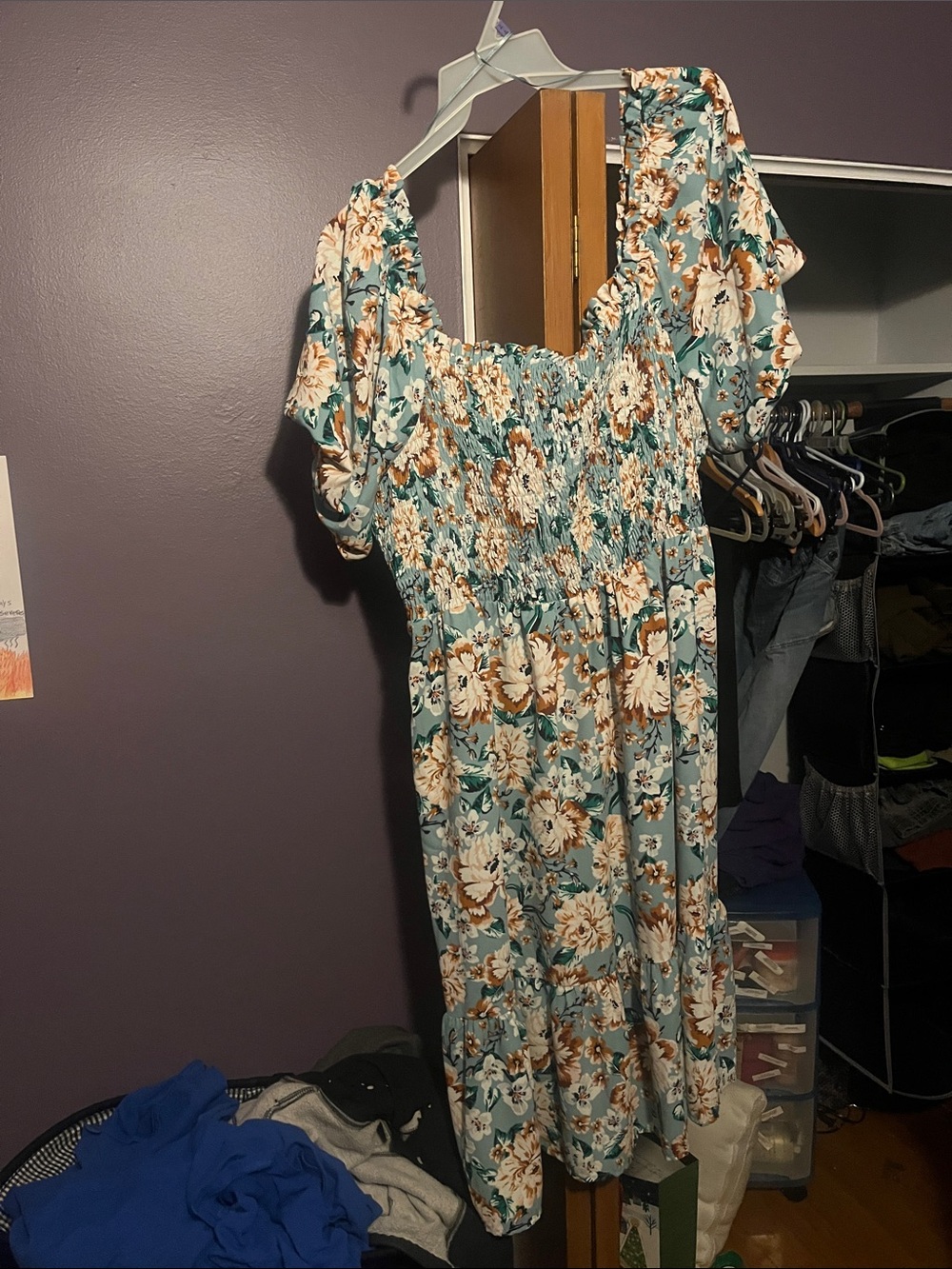 LC Lauren Conrad Blue Floral Smocked Midi Dress